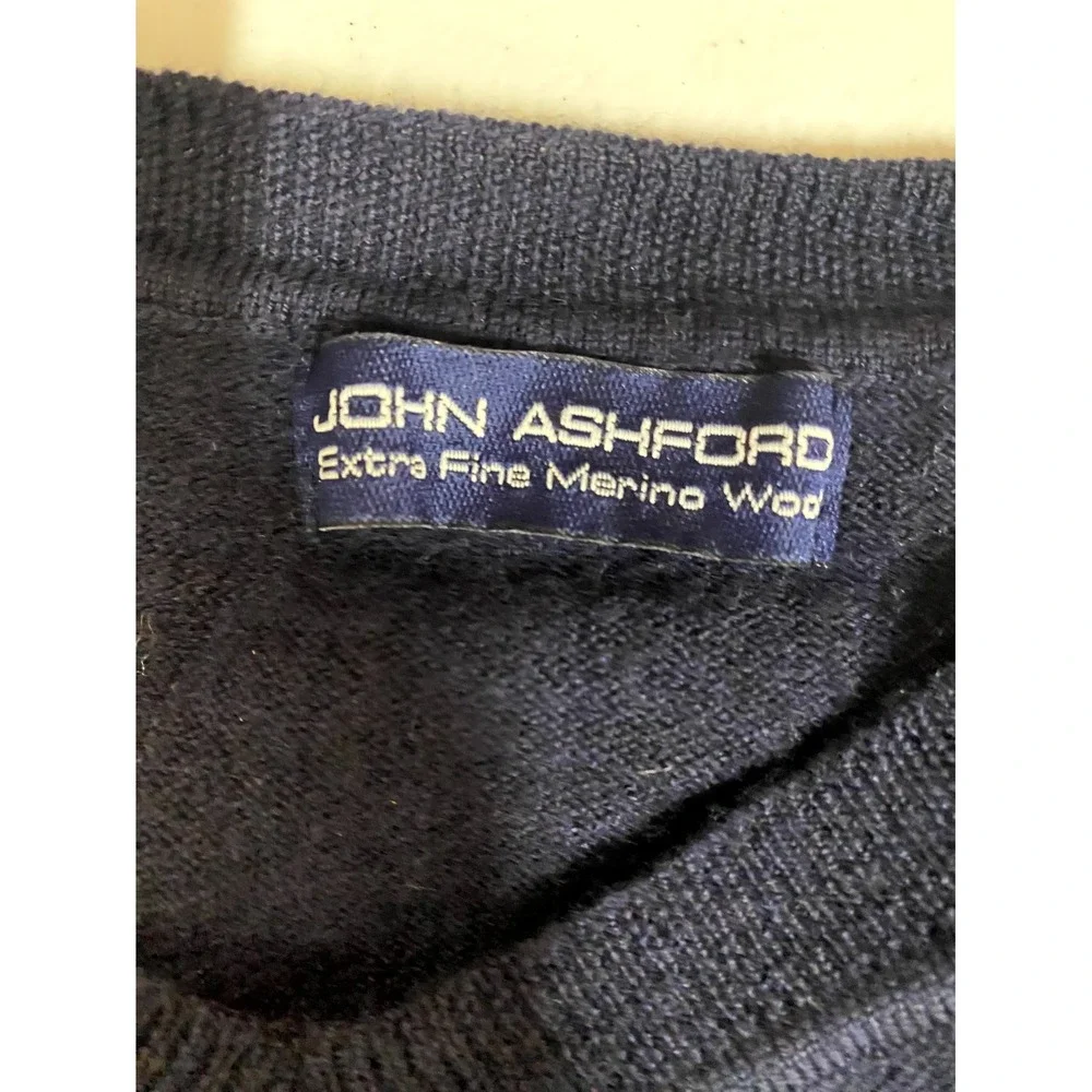John Ashford Extra Fine Sweater Mens XL Blue Argyle Print Merino Wool V Neck